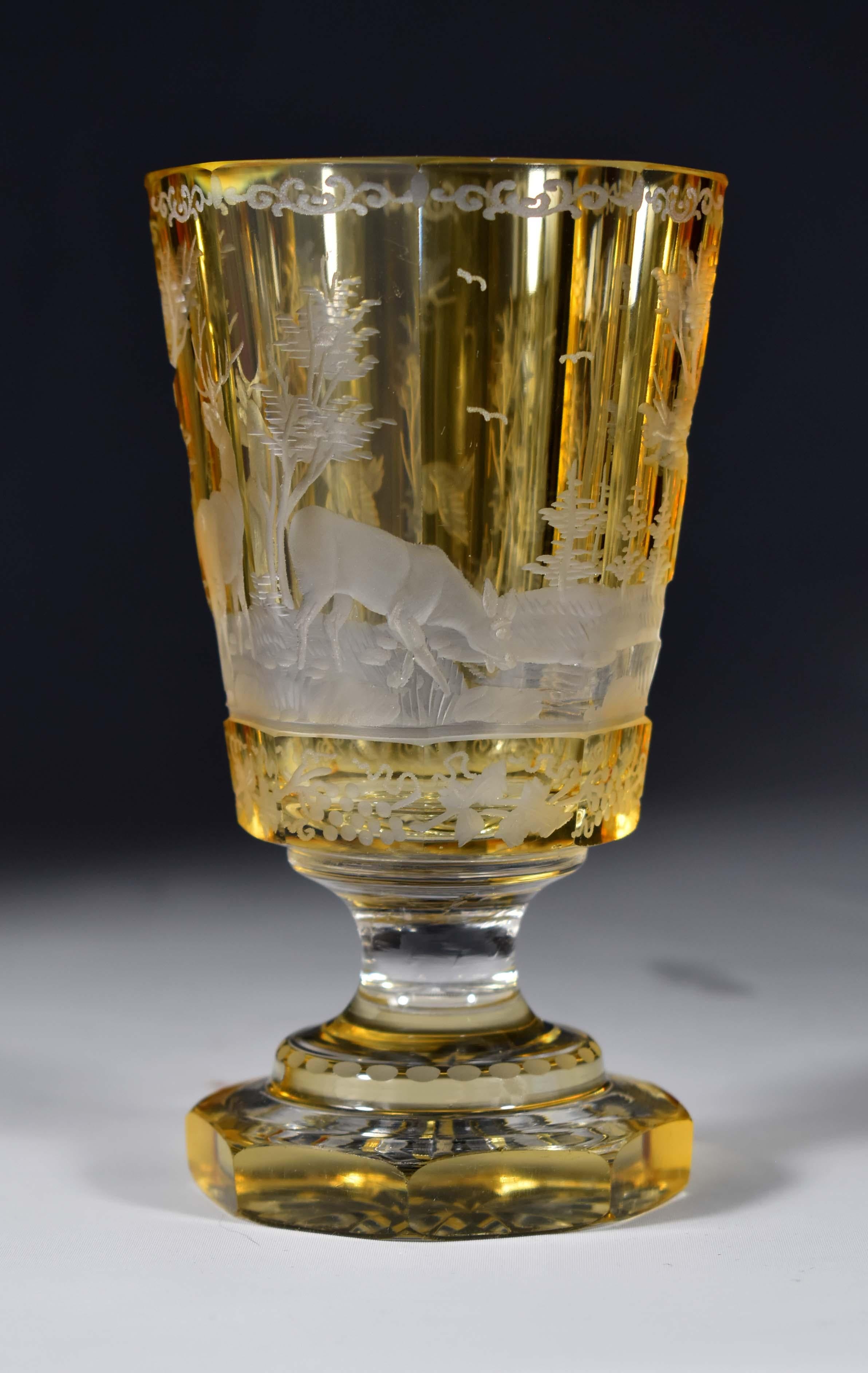 Set of three antique engraved goblets , Hunting motif 19-20 century - Bohemian g 8