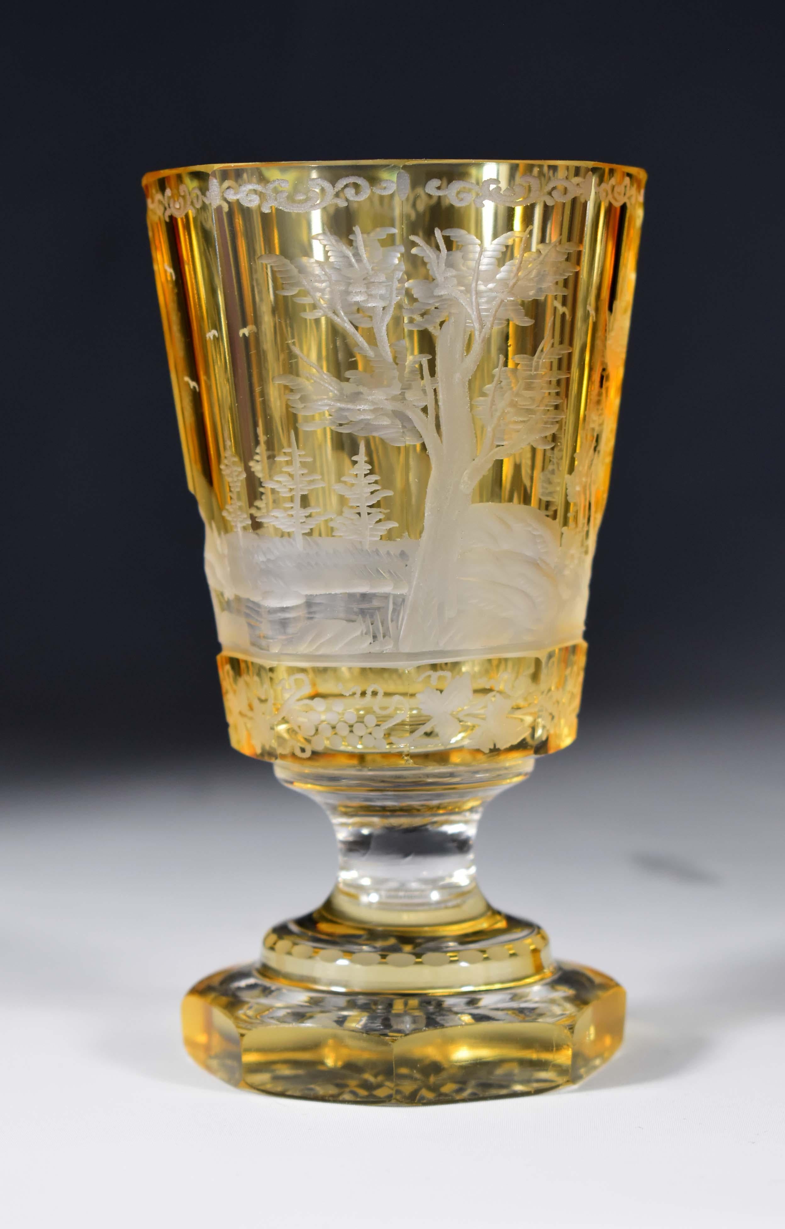 Set of three antique engraved goblets , Hunting motif 19-20 century - Bohemian g 9