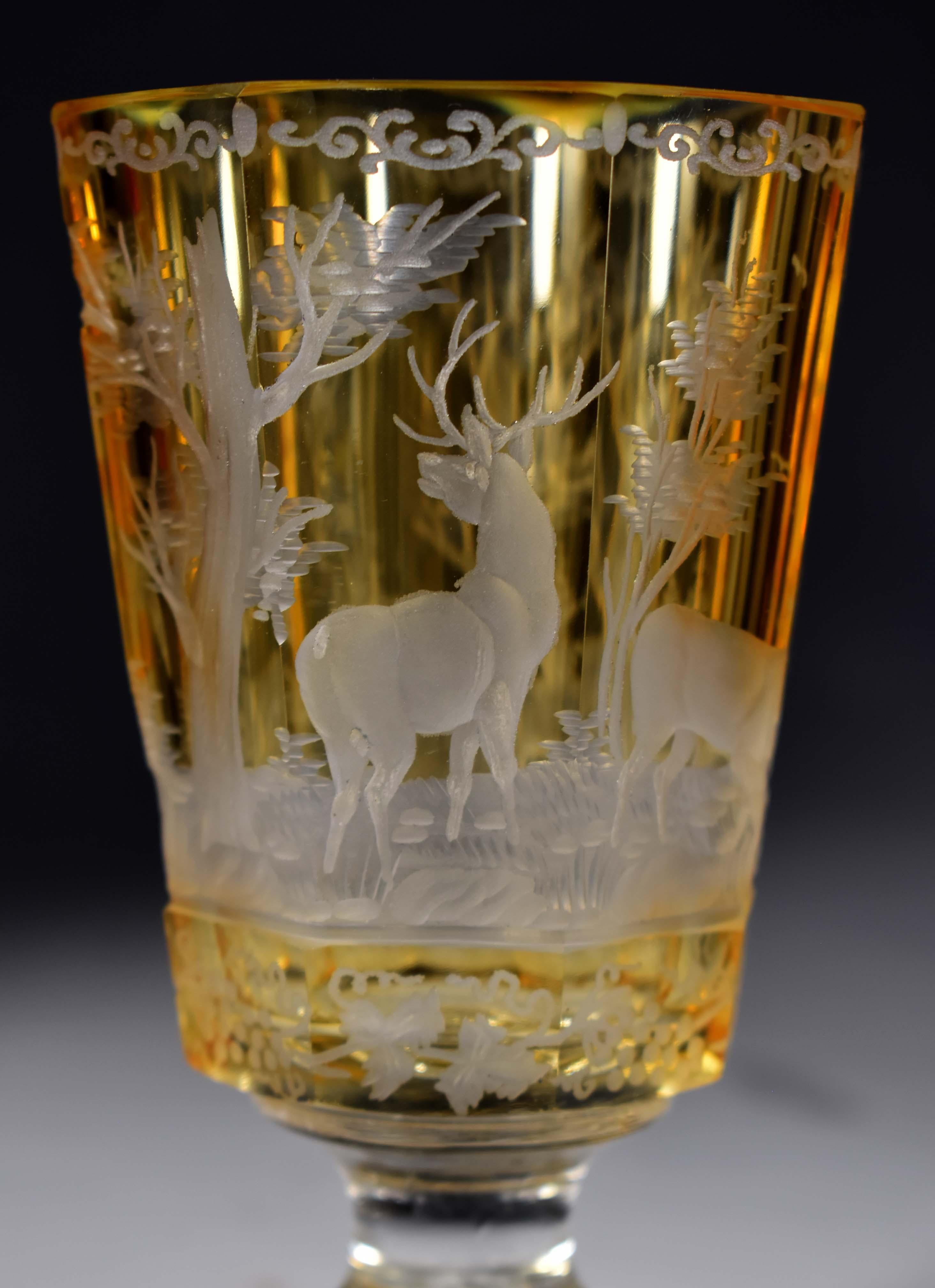 Set of three antique engraved goblets , Hunting motif 19-20 century - Bohemian g 11