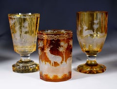 Set of three antique engraved goblets , Hunting motif 19-20 century - Bohemian g