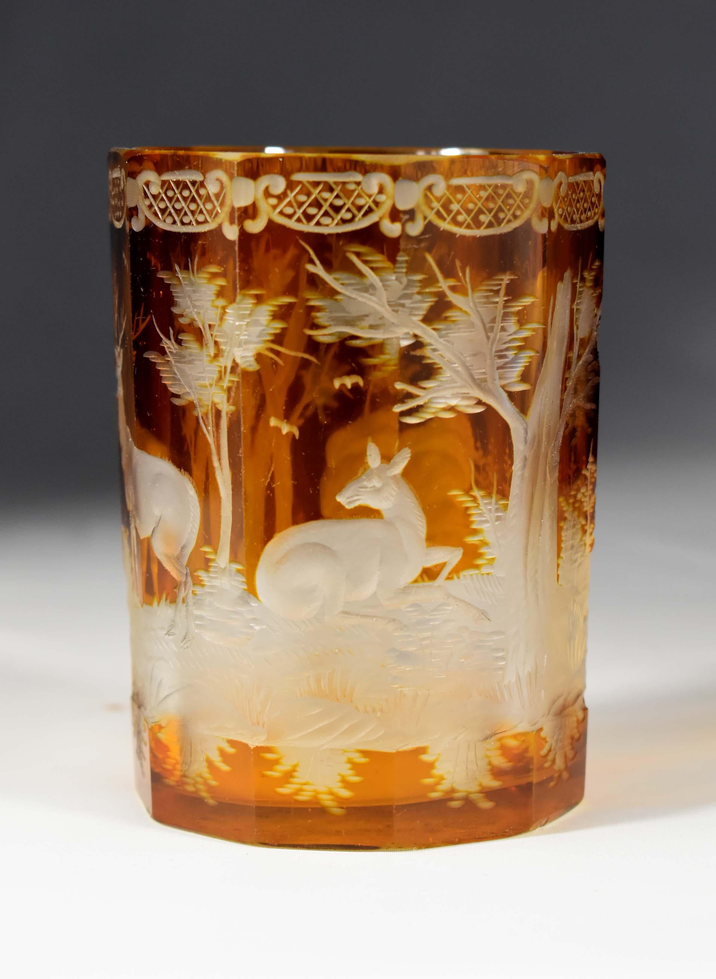 Set of three antique engraved goblets , Hunting motif 19-20 century - Bohemian g In Good Condition In Nový Bor, CZ