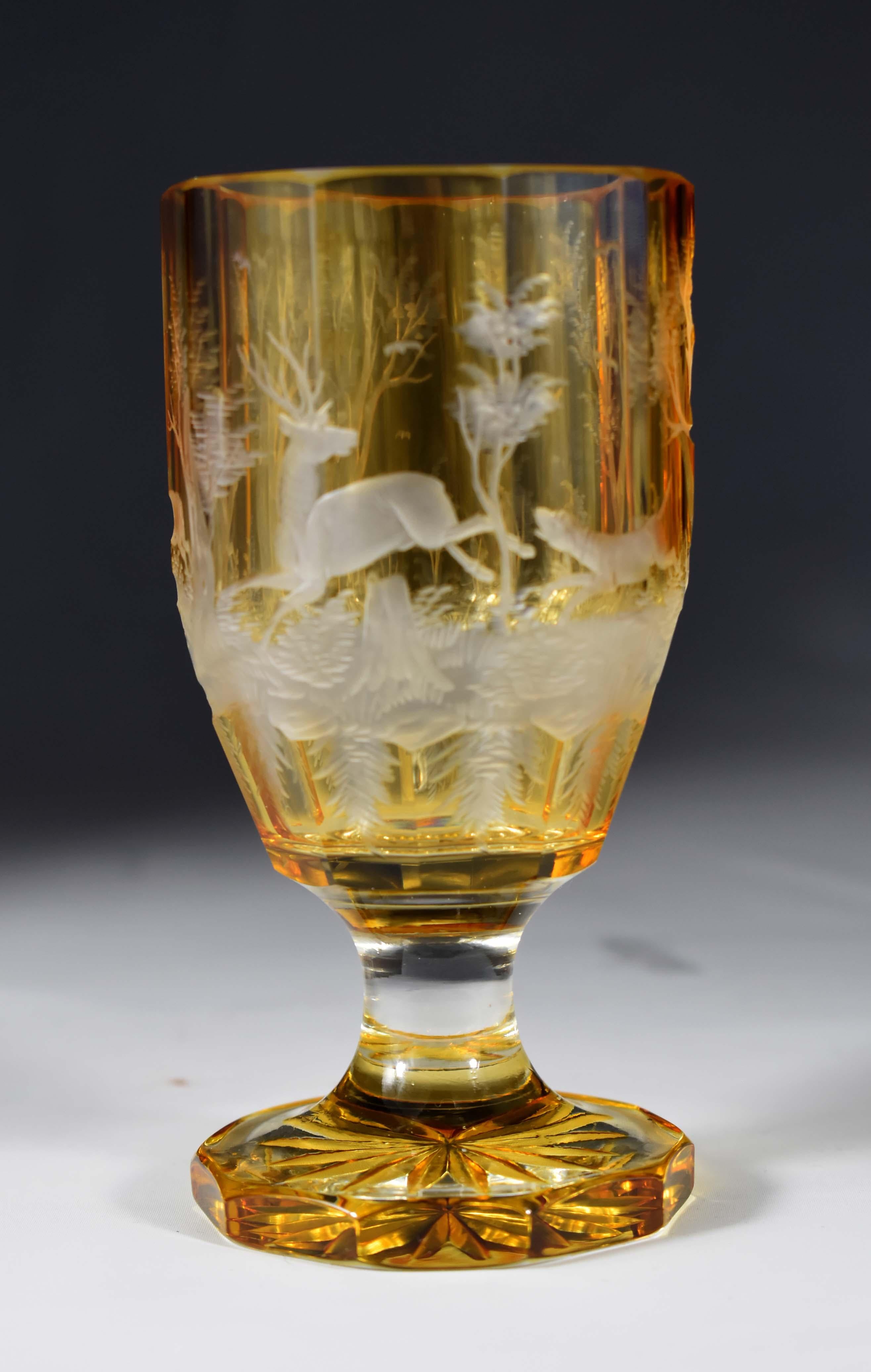 Set of three antique engraved goblets , Hunting motif 19-20 century - Bohemian g 2