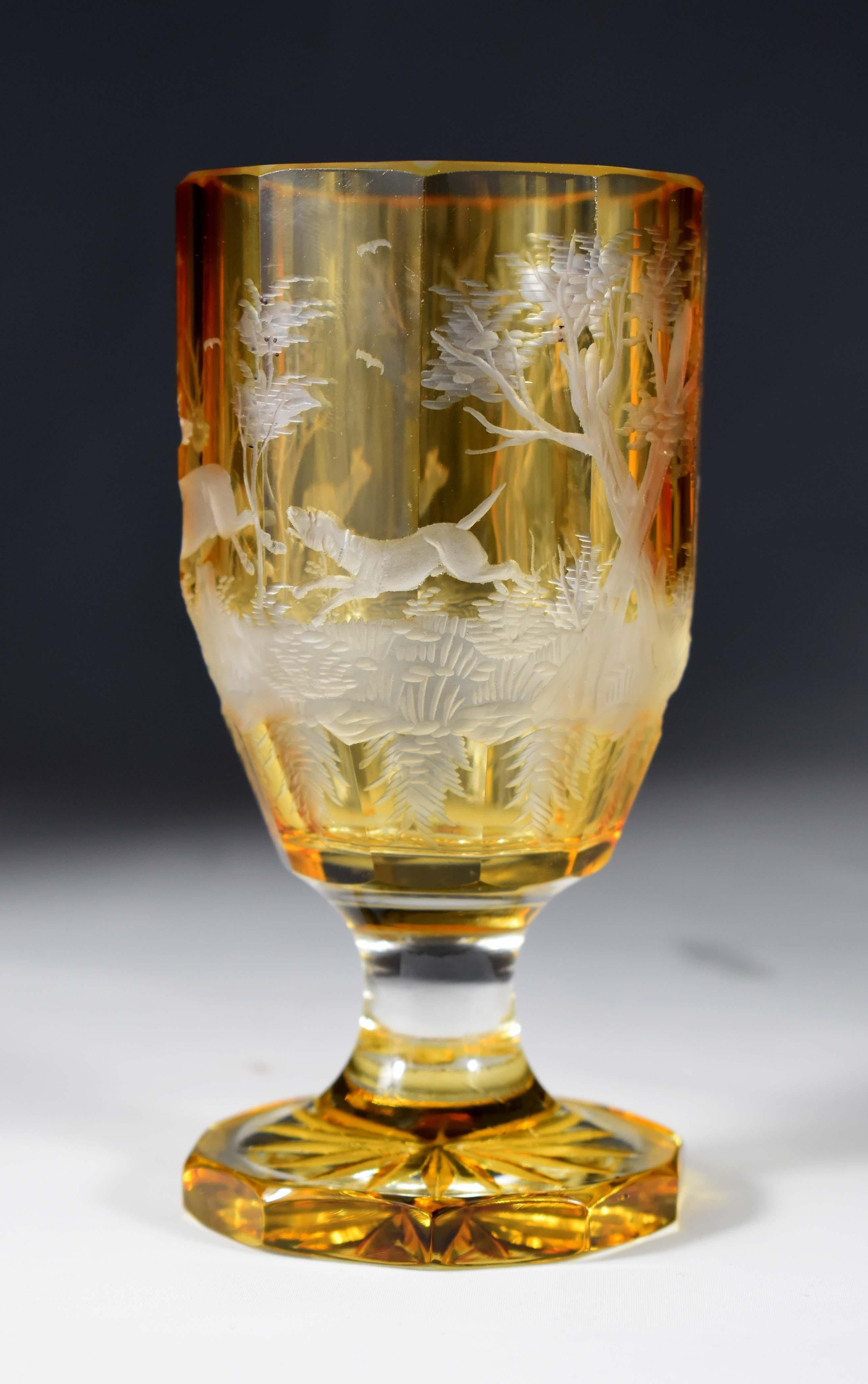 Set of three antique engraved goblets , Hunting motif 19-20 century - Bohemian g 3