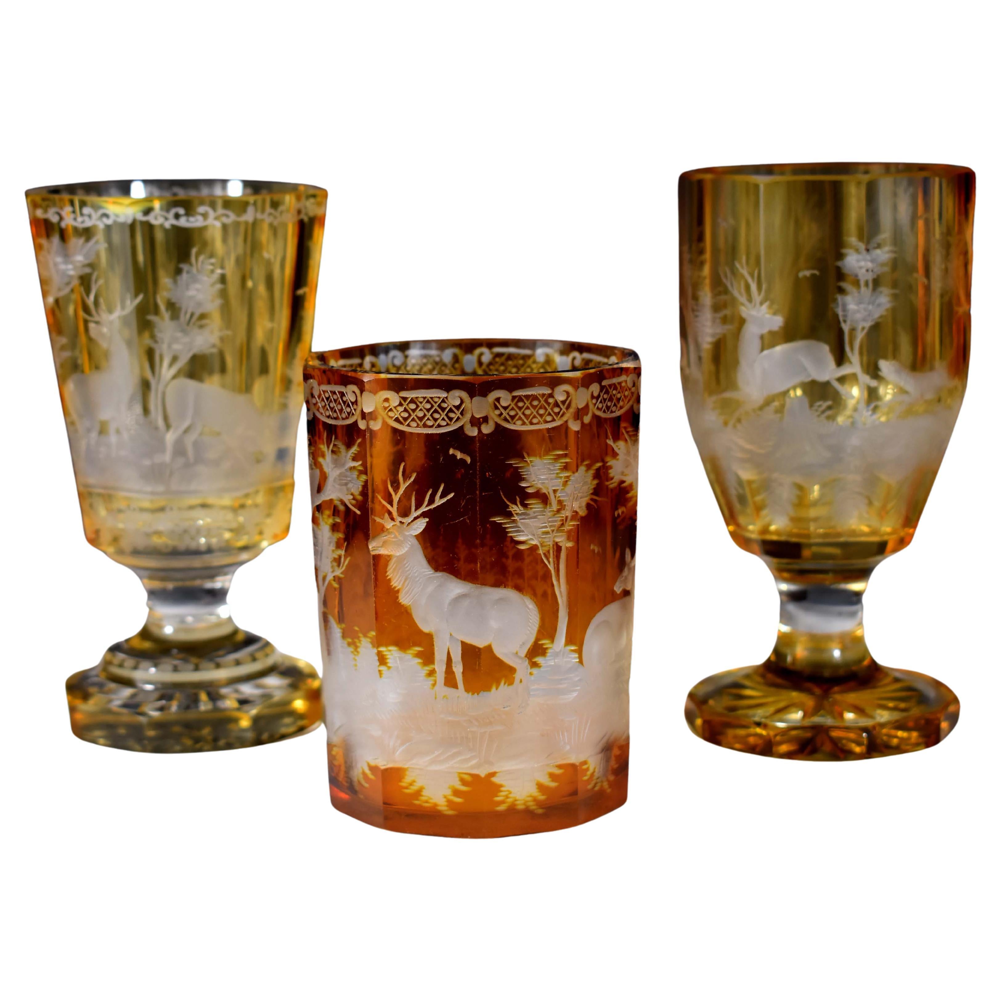 Set of three antique engraved goblets , Hunting motif 19-20 century - Bohemian g For Sale