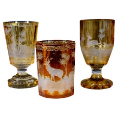 Set of three antique engraved goblets , Hunting motif 19-20 century - Bohemian g