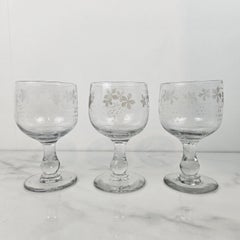 Set of Three Antique Etched Glasses with Floral Motifs, circa 1880