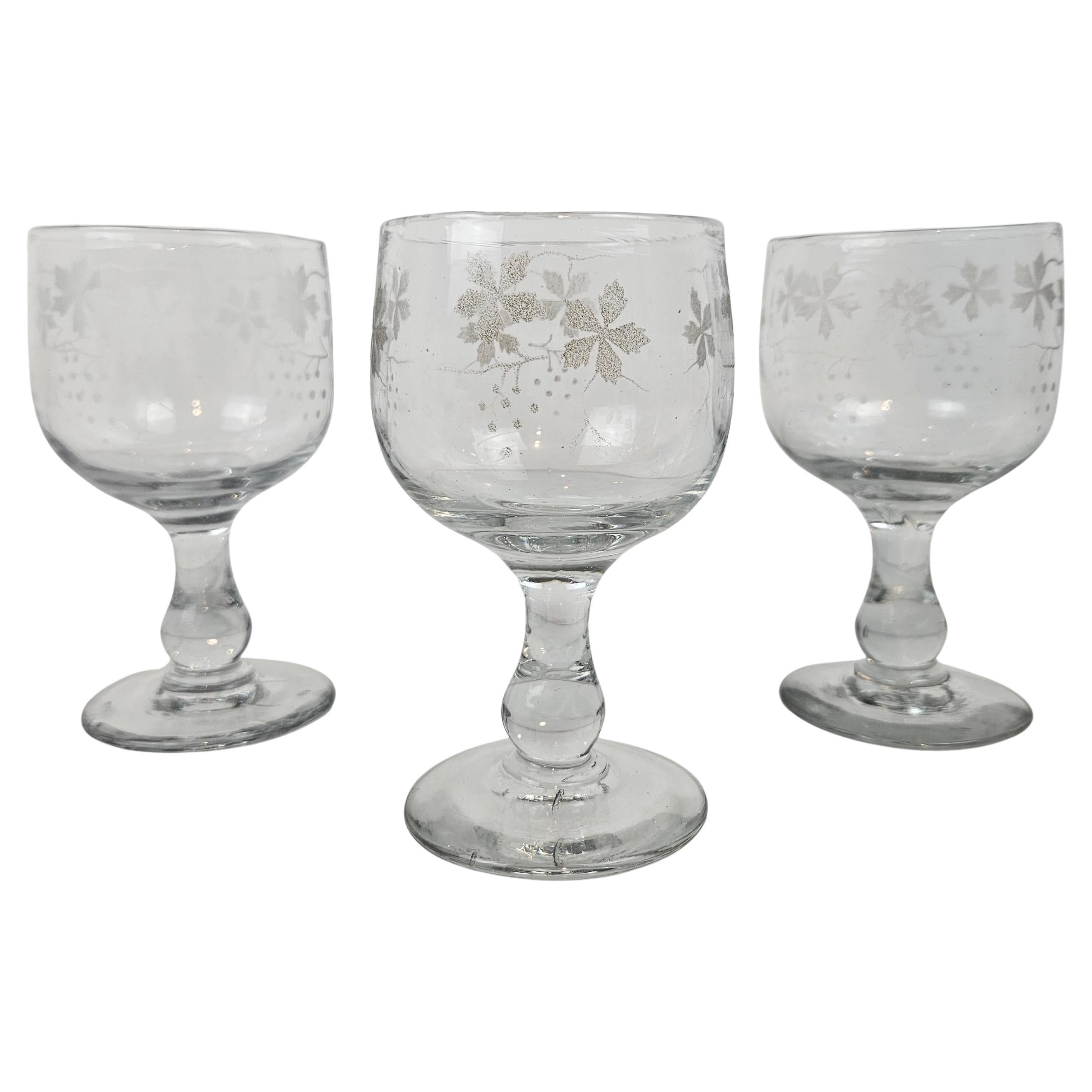 Set of Three Antique Etched Glasses with Floral Motifs, circa 1880