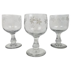 Set of Three Antique Etched Glasses with Floral Motifs, circa 1880