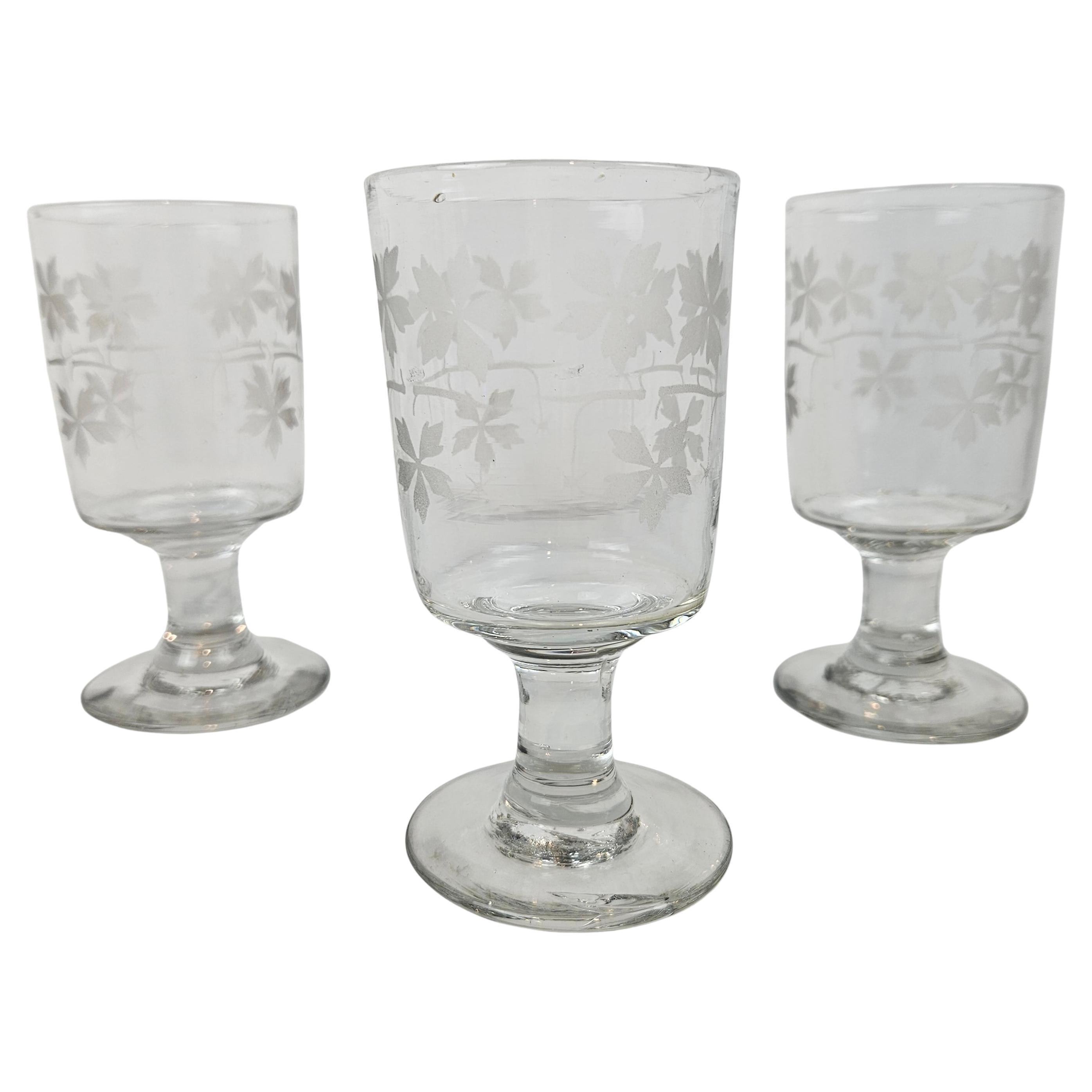 Set of Three Antique Etched Glasses with Floral Motifs, circa 1880 For Sale