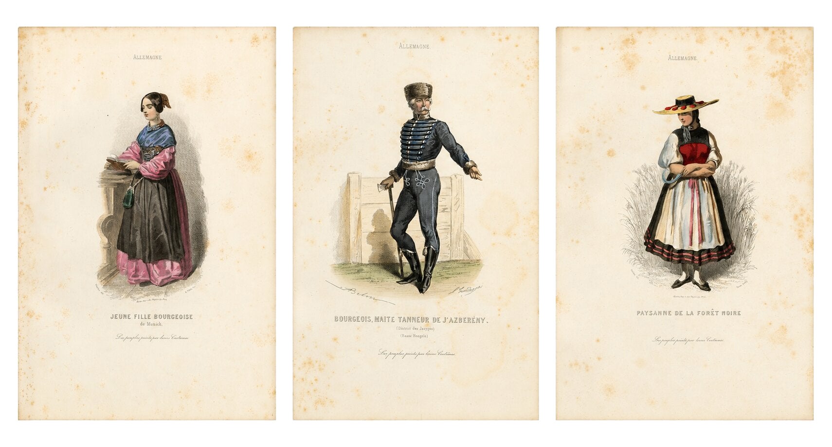 Set of Three Antique German & Hungarian Folk Costume Engravings, circa 1850