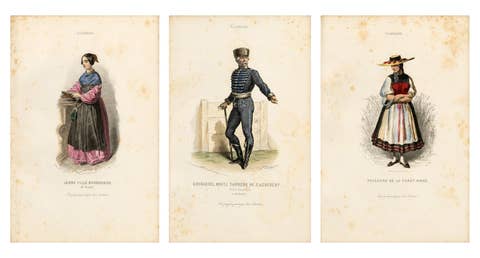 Set of Three Antique German & Hungarian Folk Costume Engravings, circa 1850