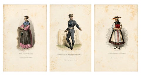 Set of Three Antique German & Hungarian Folk Costume Engravings, circa 1850