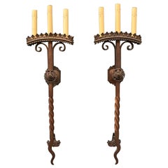 Set of Three Antique Gothic Revival Brass Three-Light Wall Sconces