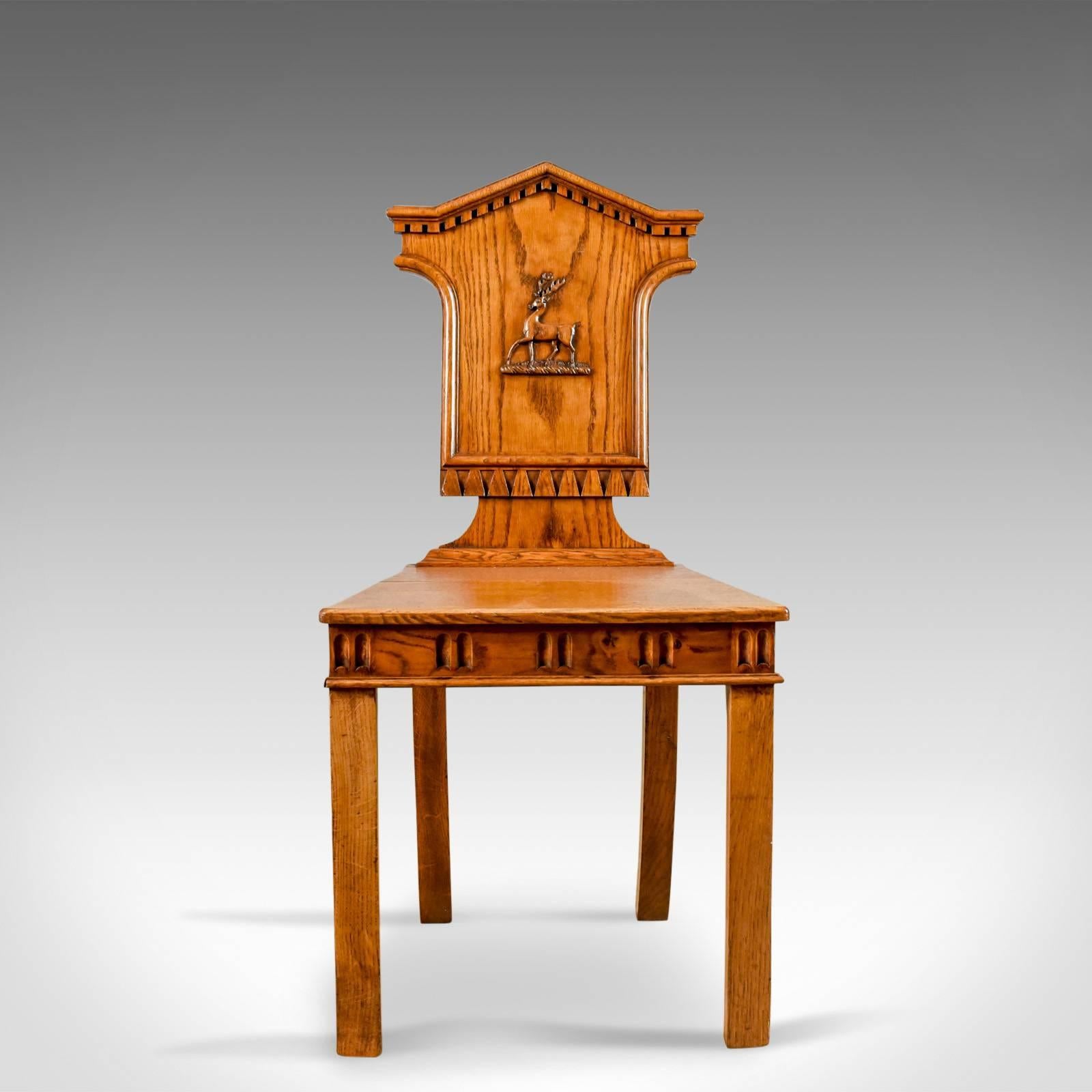 Set of Three Antique Hall Chairs, Oak, Scottish, Stag, Regency, circa 1820 In Good Condition In Hele, Devon, GB