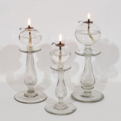 Set of Three Antique Hand Blown Glass Weaver Oil Lamps, France, Circa 1800- 1900