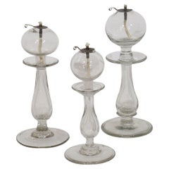 Set of Three Antique Hand Blown Glass Weaver Oil Lamps, France, Circa 1800- 1900