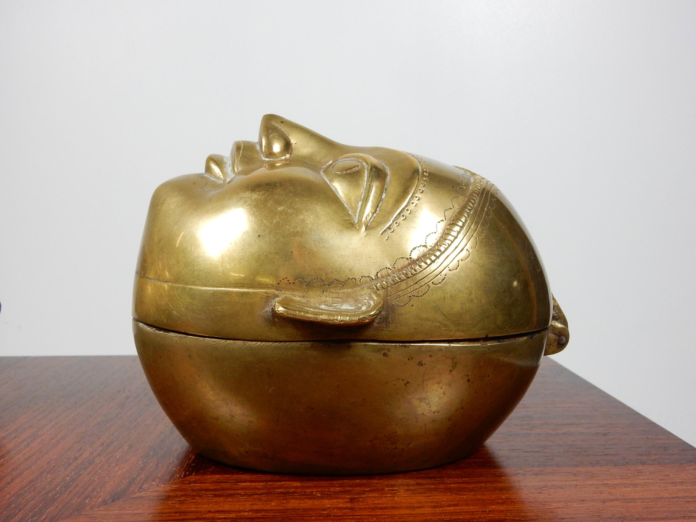 Bohemian Set of Three Antique Hindu Brass Gauri Head Sculpture Storage Boxes