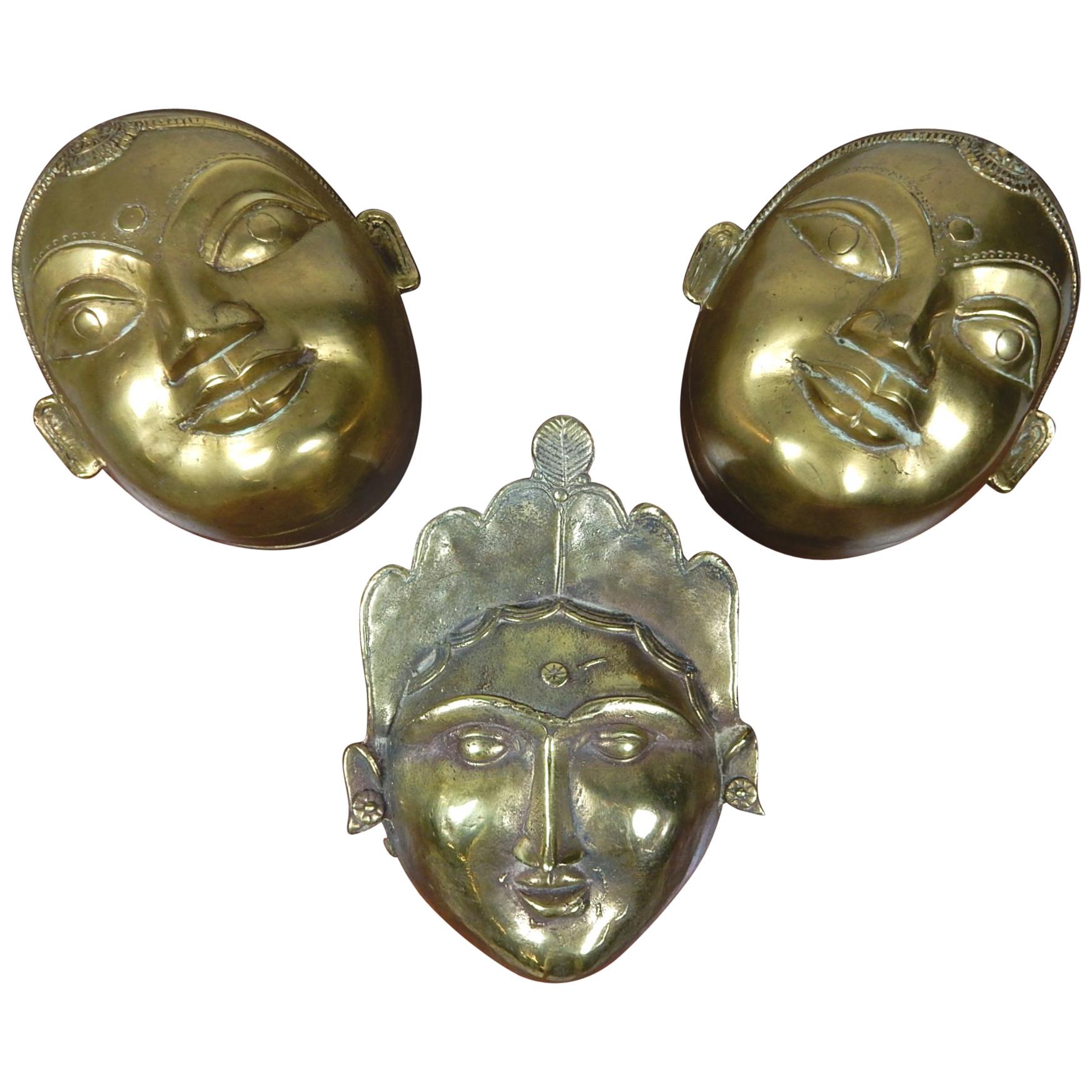 Set of Three Antique Hindu Brass Gauri Head Sculpture Storage Boxes