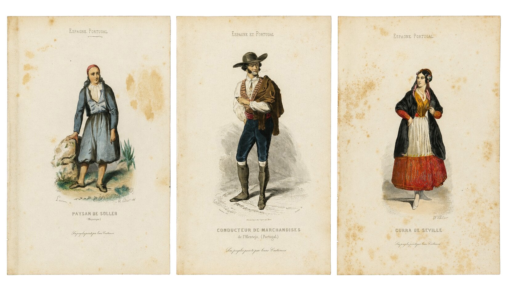 Set of Three Antique Iberian Costume Engravings, Spain & Portugal, circa 1850