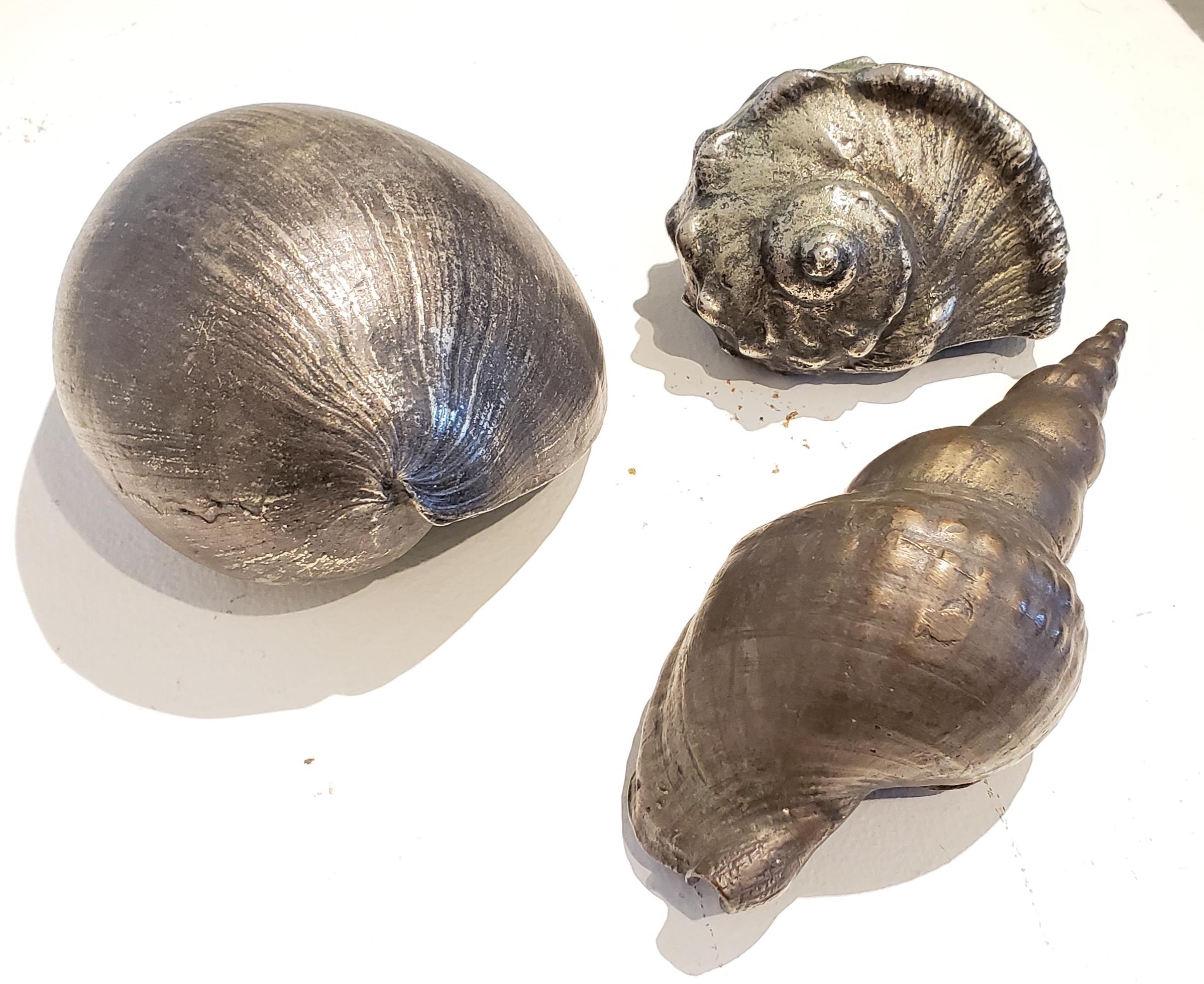 20th Century Set of Three Large Antique Italian Silvered Bronze Seashells