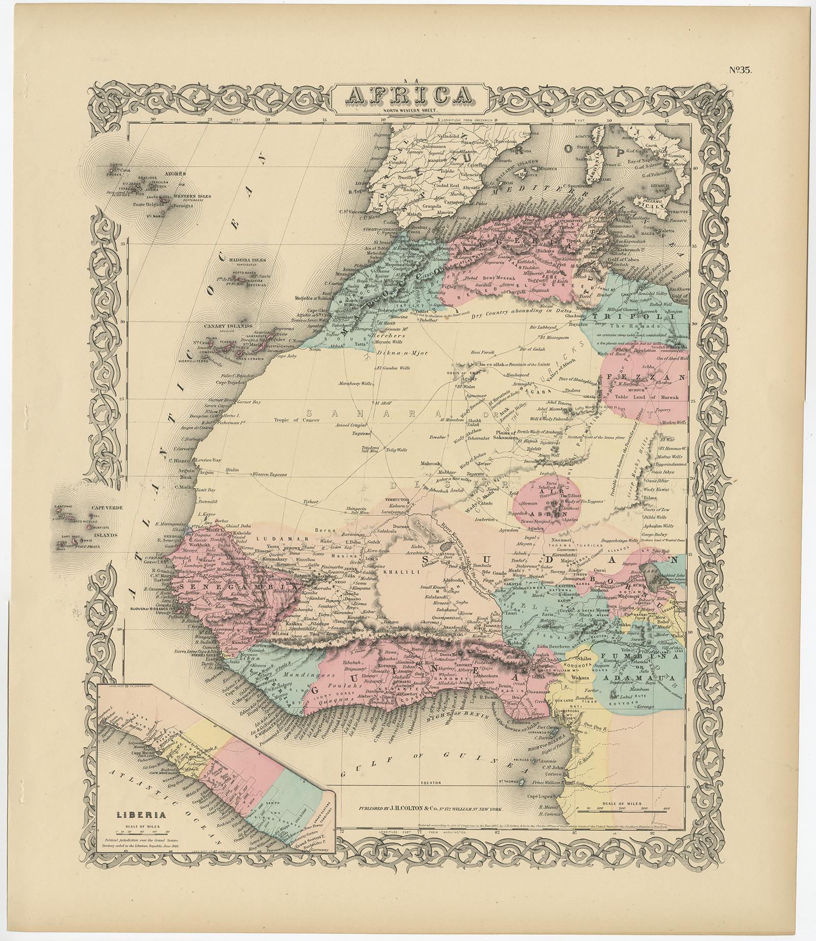 Set of three individual maps of Africa including 'North West Africa', 'North Eastern Africa' and 'Southern Africa'. All three maps are surrounded by Colton's typical spiral motif border. Colton names numerous African tribes and nations throughout.