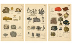 Conjunto de tres cromolitografías antiguas sobre mineralogía: oro, plata y cobre, 1888