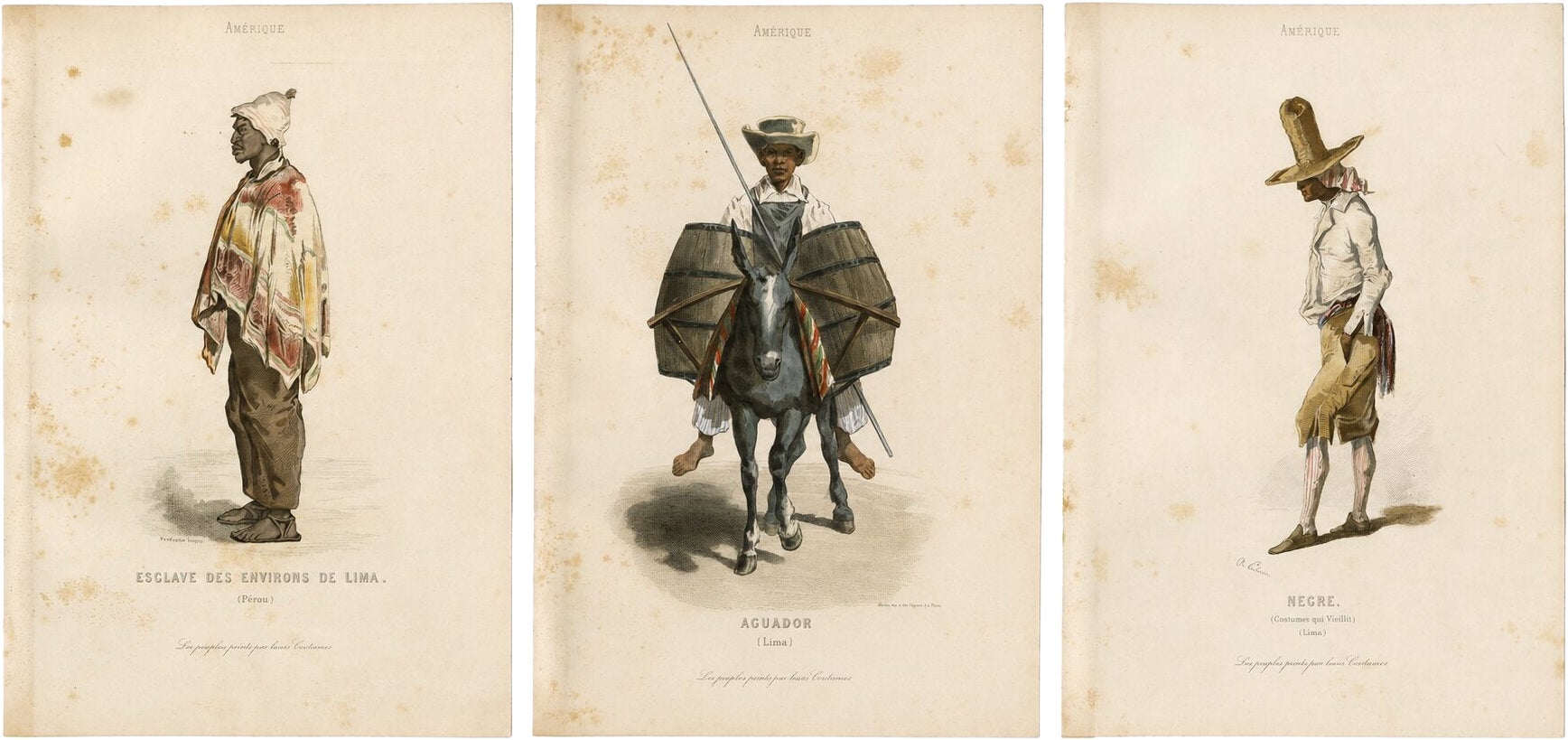 Set of Three Antique People & Trades of Lima Peru Engravings, circa 1850