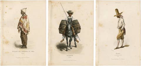 Set of Three Antique People & Trades of Lima Peru Engravings, circa 1850