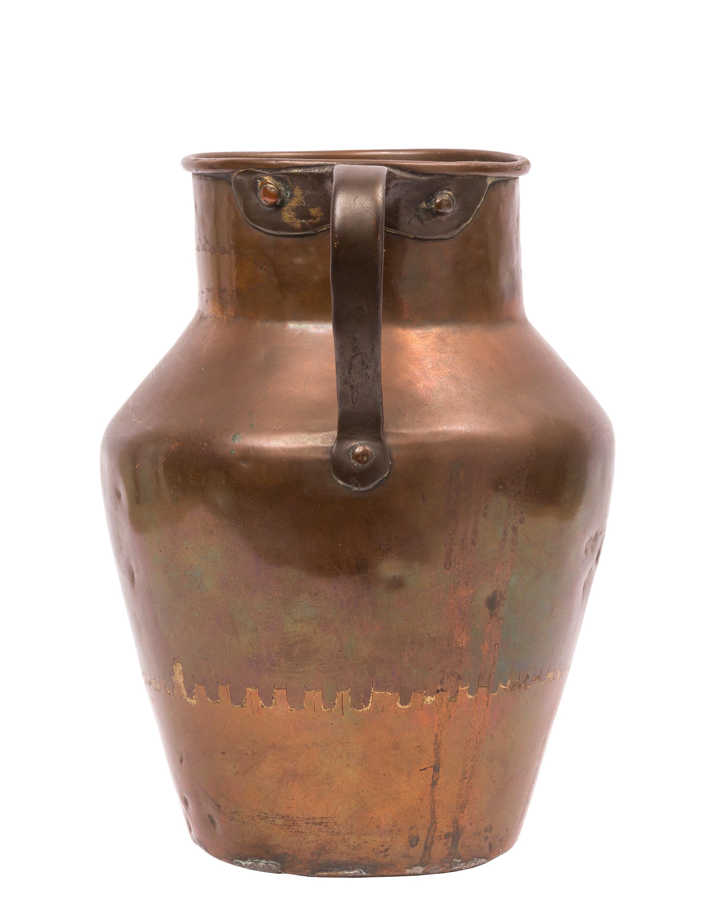 Set of Three Antique Rustic Spanish Hammered Copper Containers, Pitchers For Sale 5