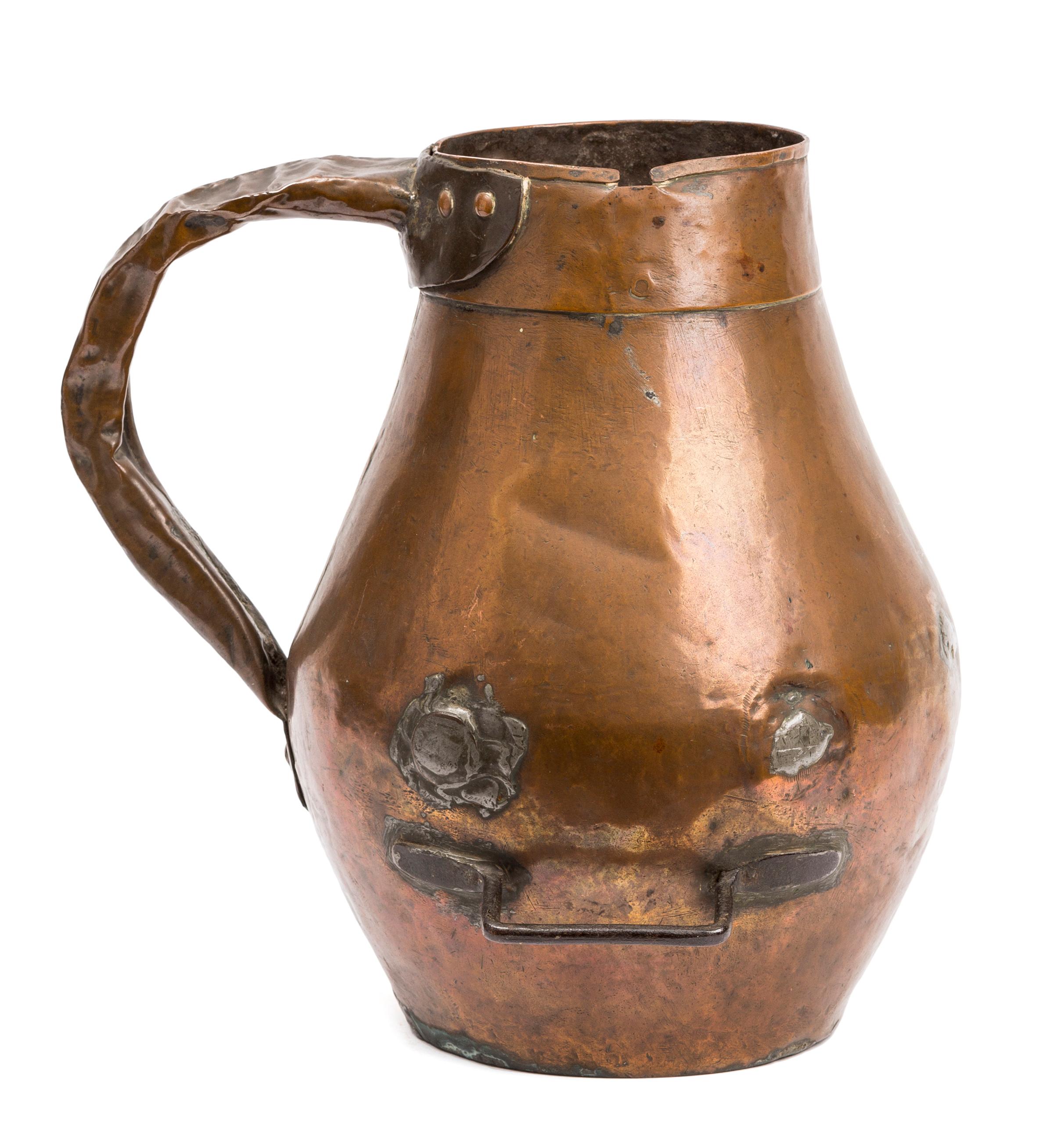 Set of Three Antique Rustic Spanish Hammered Copper Containers, Pitchers For Sale 10