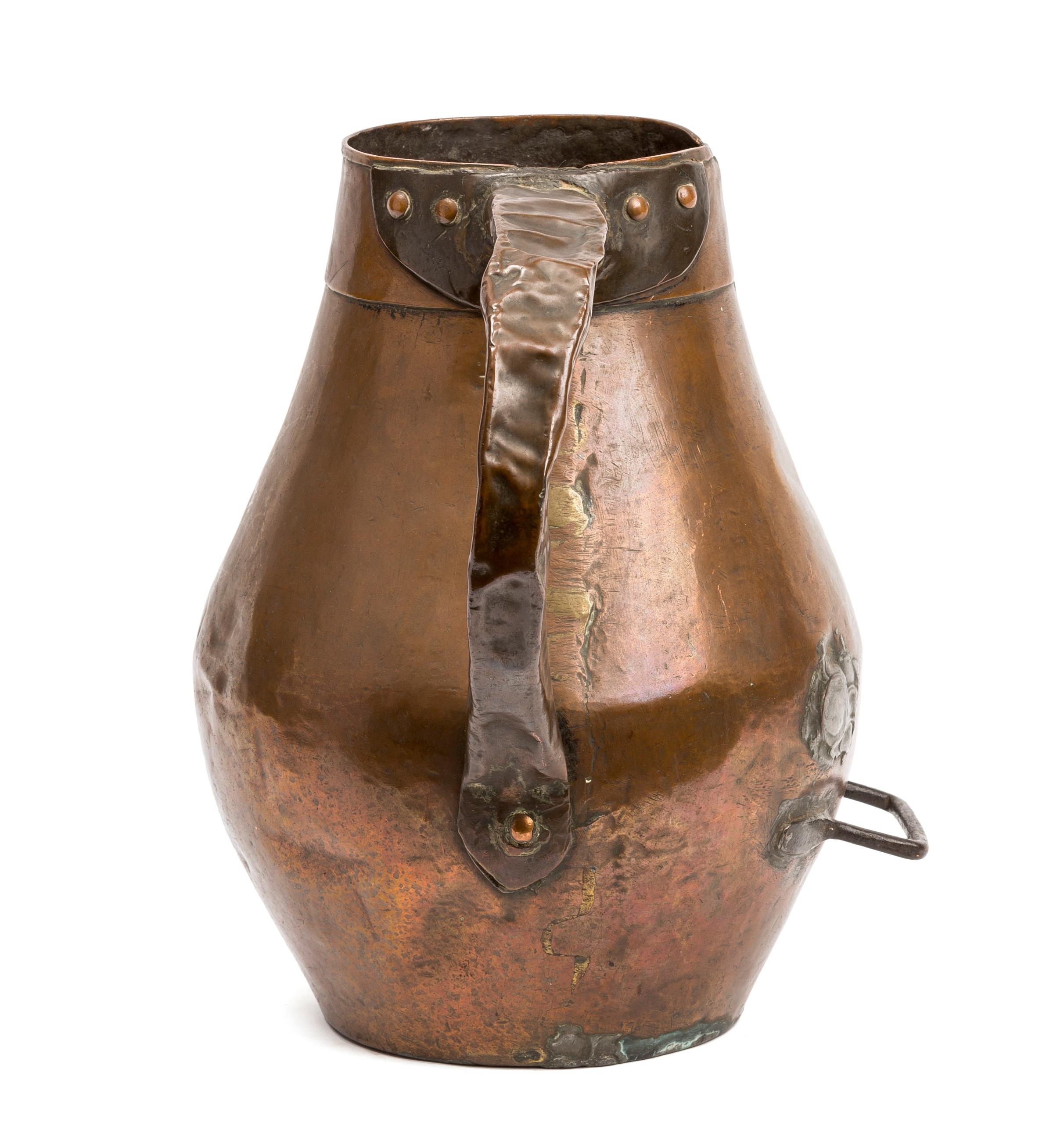 Set of Three Antique Rustic Spanish Hammered Copper Containers, Pitchers For Sale 11