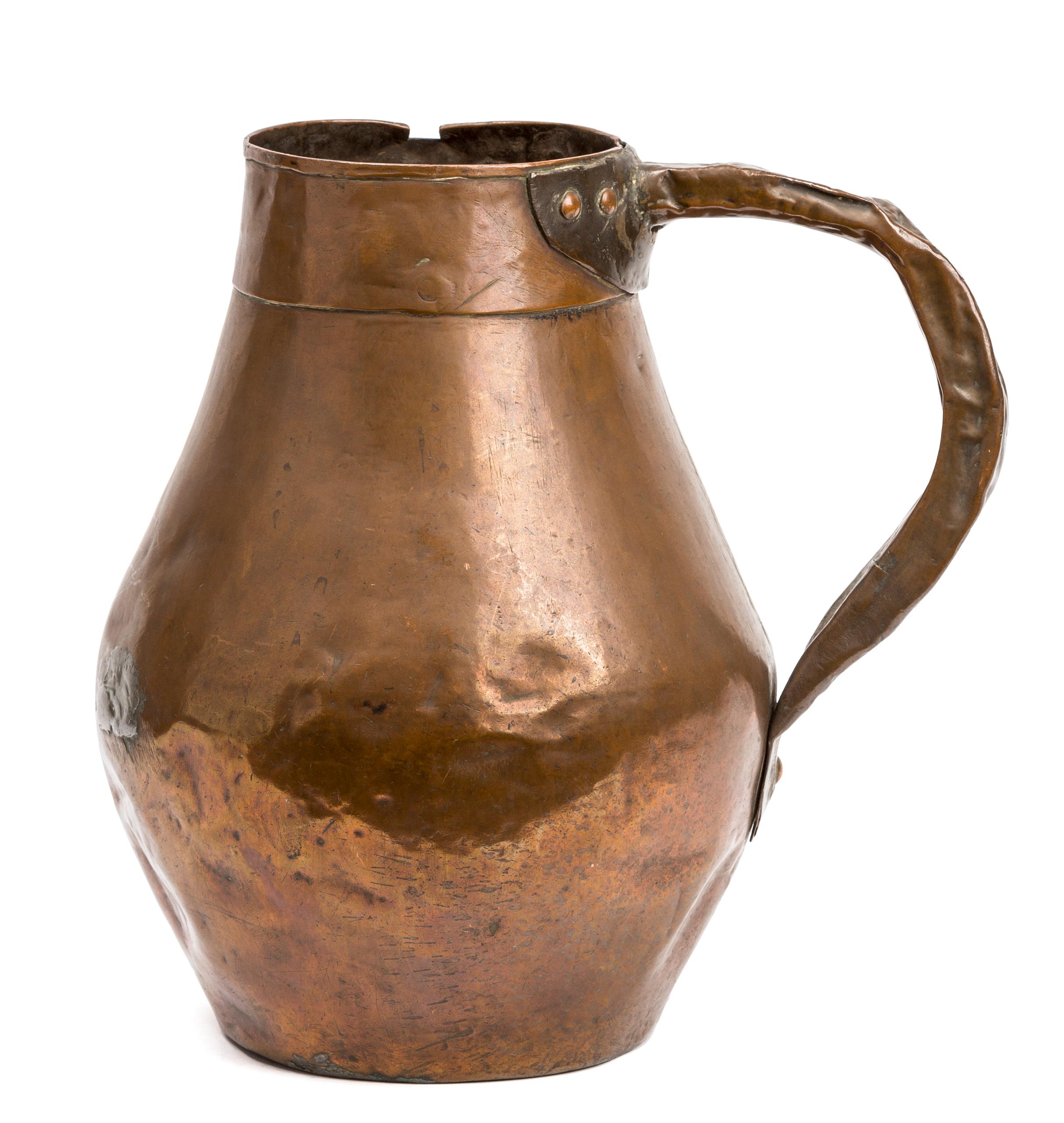 Set of Three Antique Rustic Spanish Hammered Copper Containers, Pitchers For Sale 12