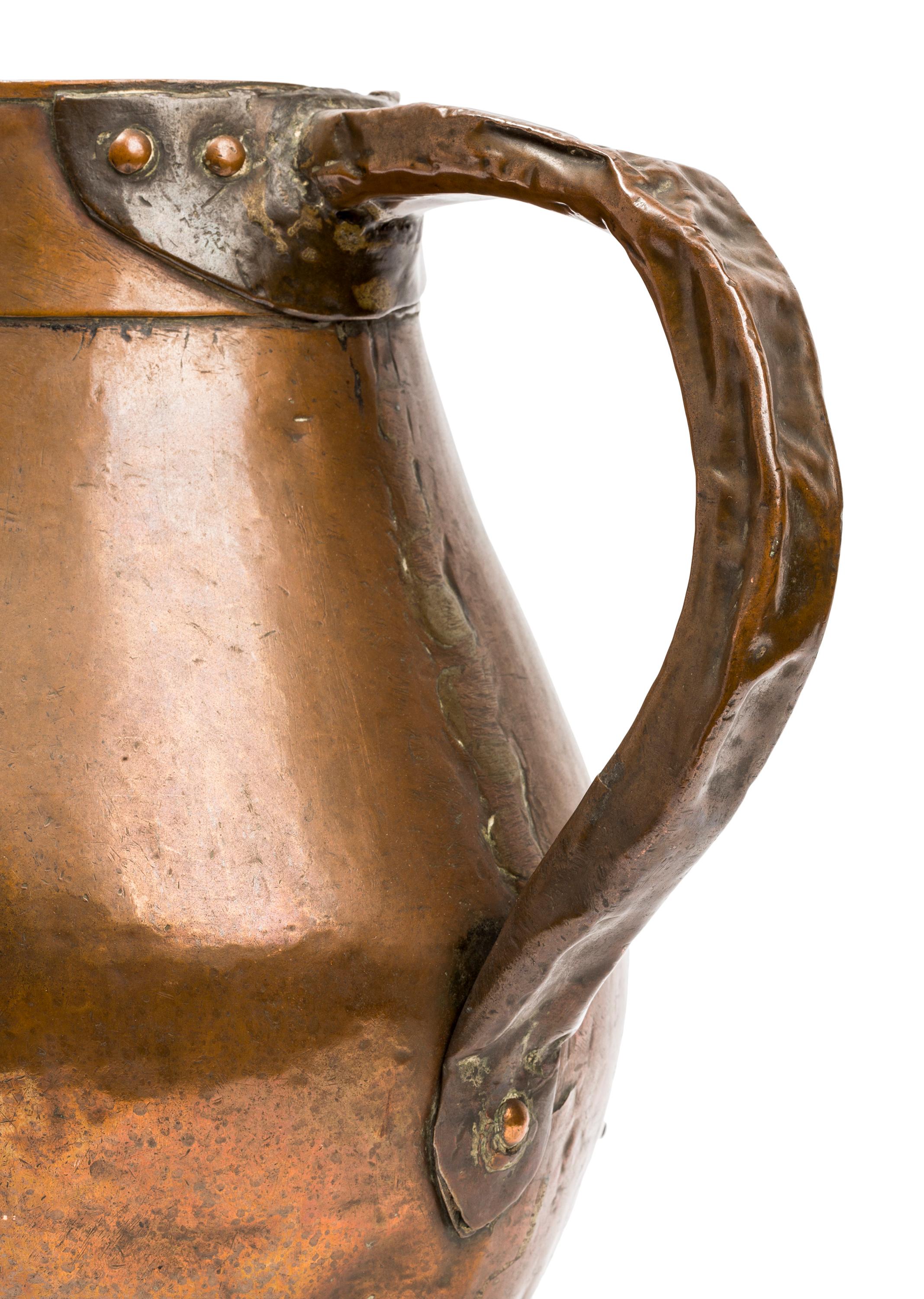 Set of Three Antique Rustic Spanish Hammered Copper Containers, Pitchers For Sale 14