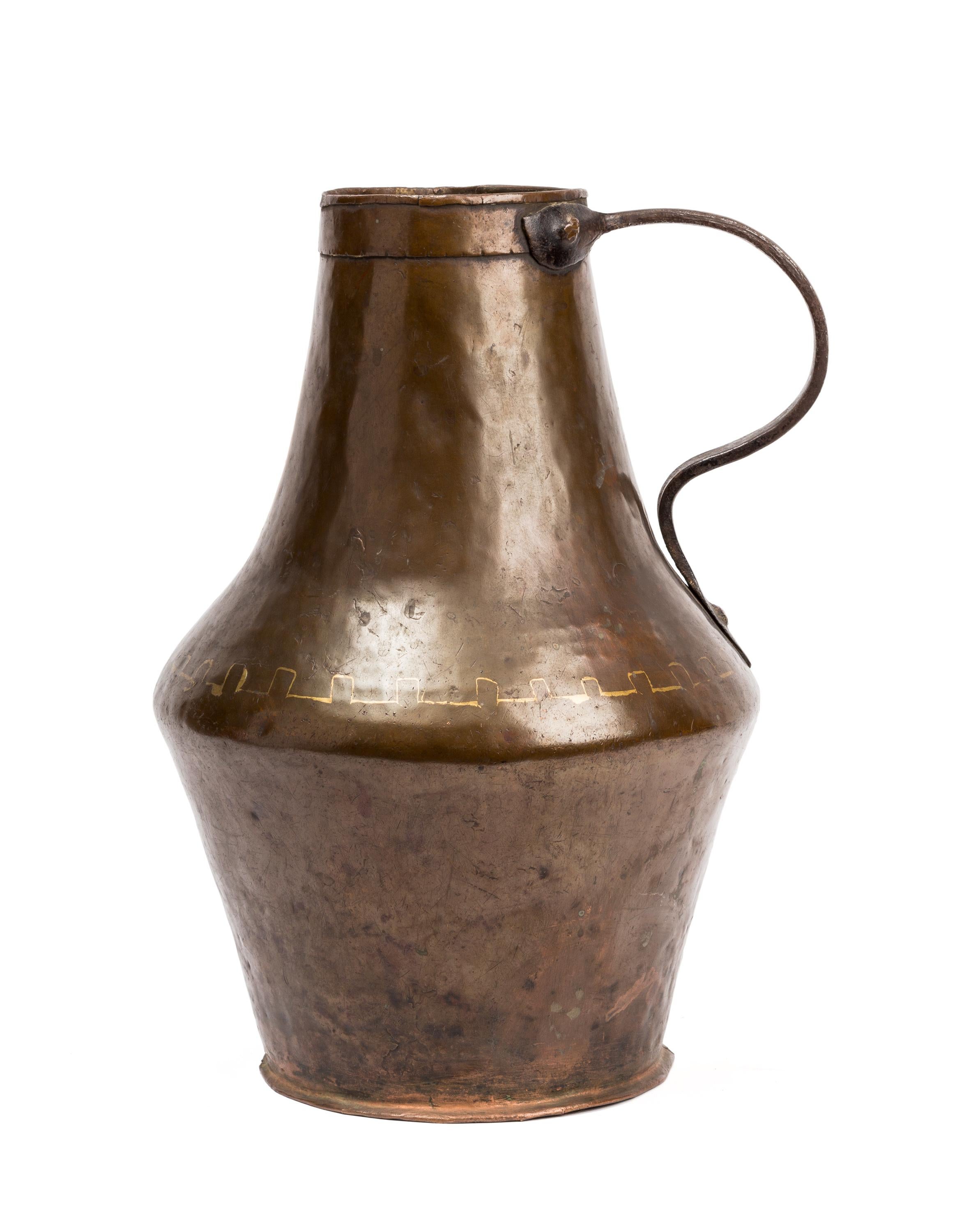 Hand-Crafted Set of Three Antique Rustic Spanish Hammered Copper Containers, Pitchers For Sale