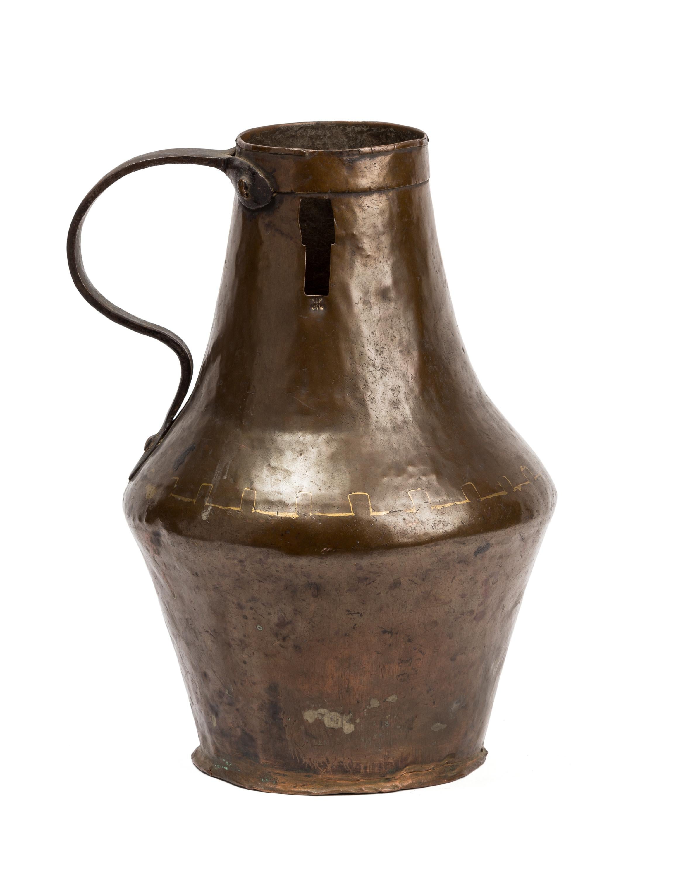 18th Century and Earlier Set of Three Antique Rustic Spanish Hammered Copper Containers, Pitchers For Sale