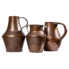 Set of Three Antique Rustic Spanish Hammered Copper Containers, Pitchers