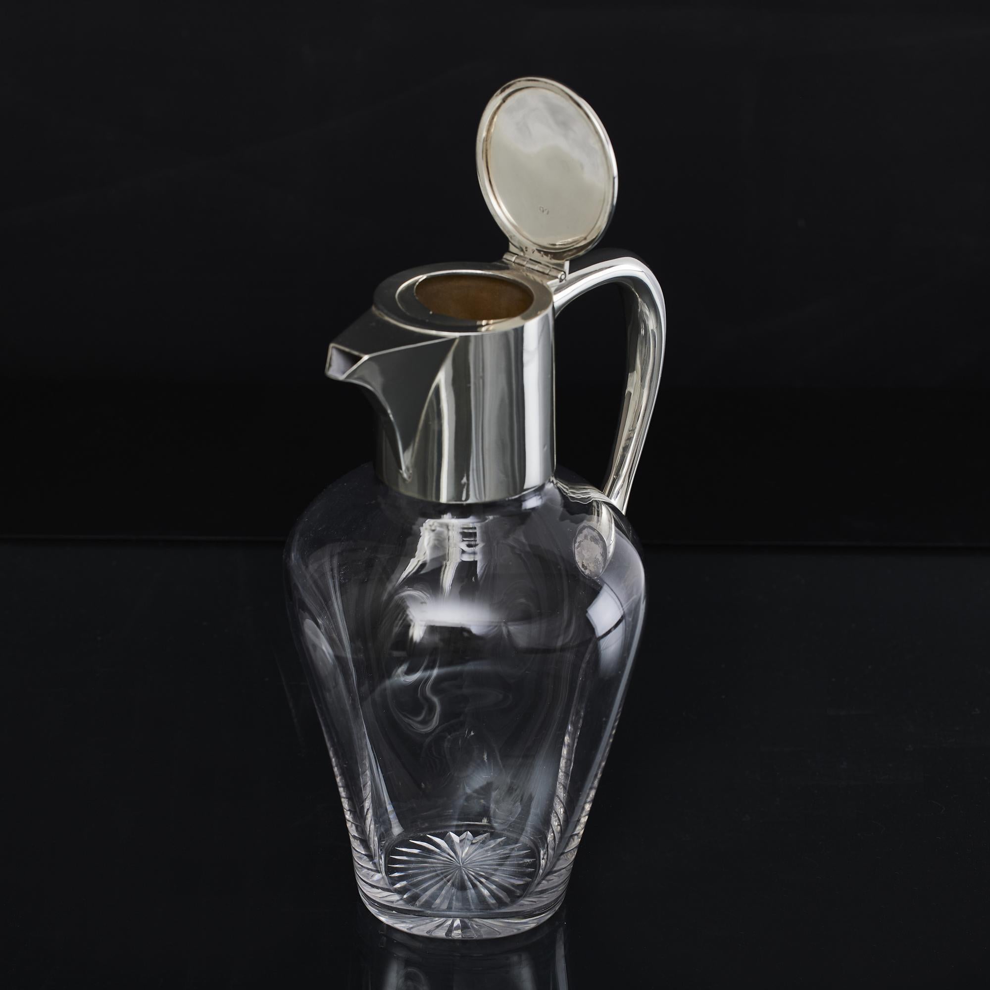 19th Century Pinched glass wine jug with silver mounts For Sale