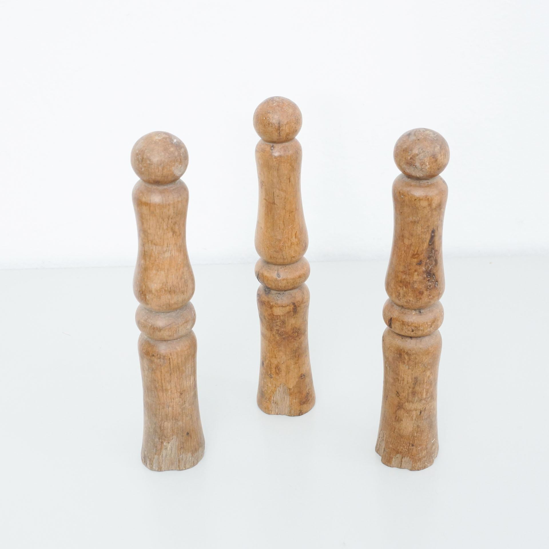 Mid-Century Modern Set of Three Antique Skittles in Wood, circa 1950 For Sale