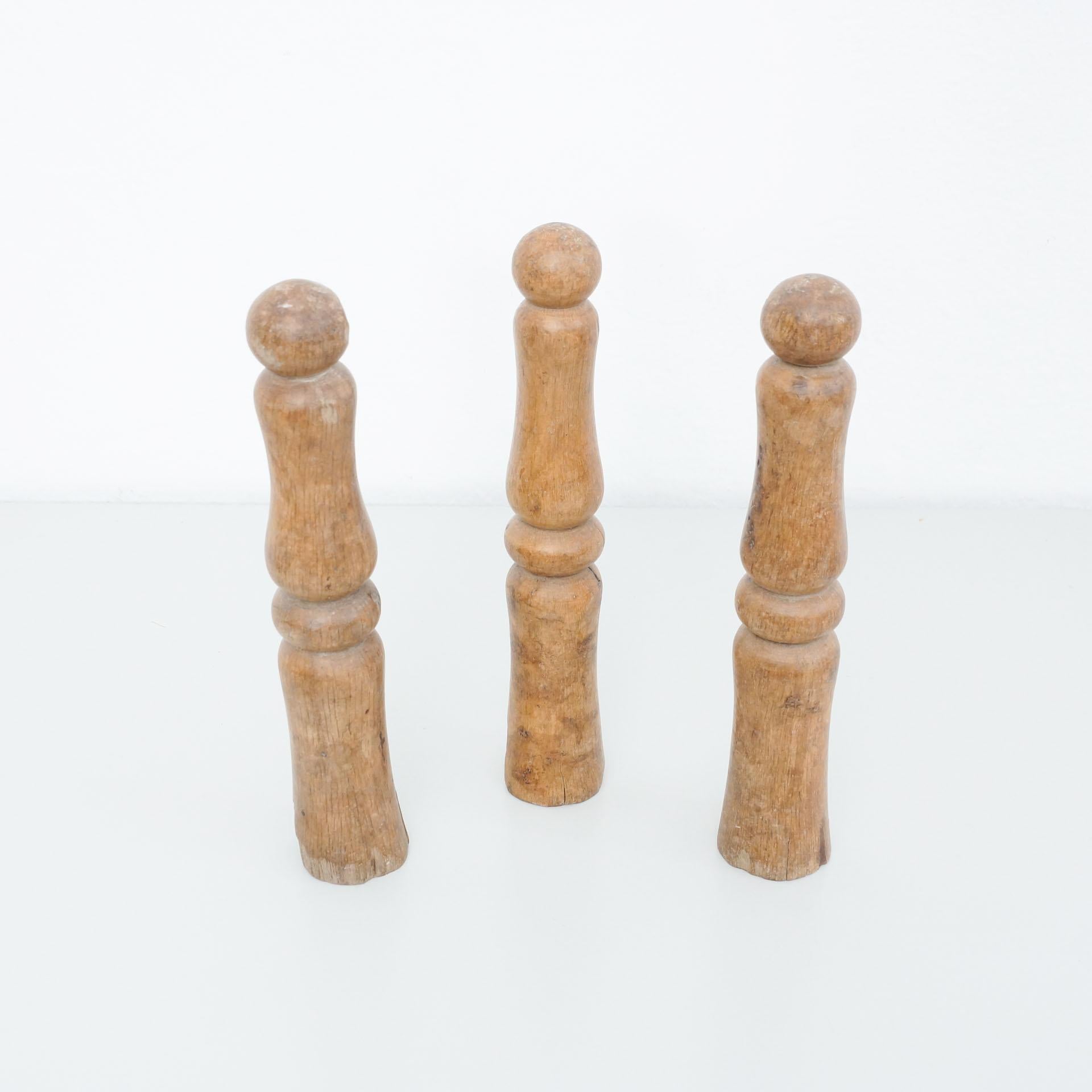 Spanish Set of Three Antique Skittles in Wood, circa 1950 For Sale