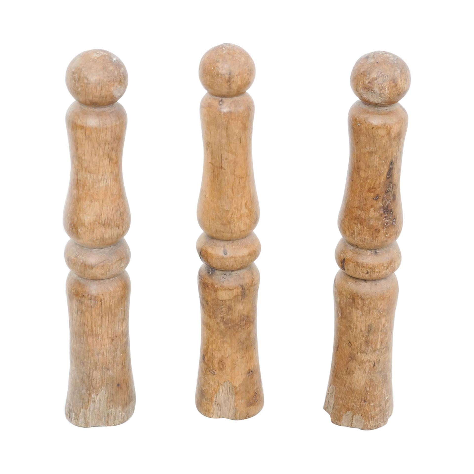 Set of Three Antique Skittles in Wood, circa 1950 For Sale