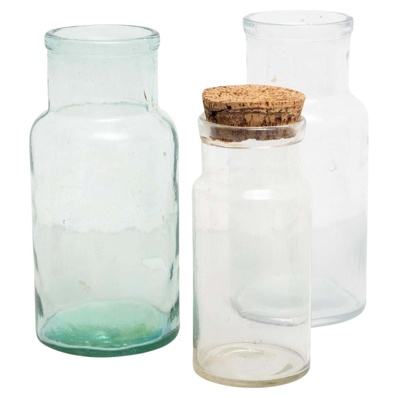 Set of Three Antique Spanish Glass Containers, circa 1950 For Sale