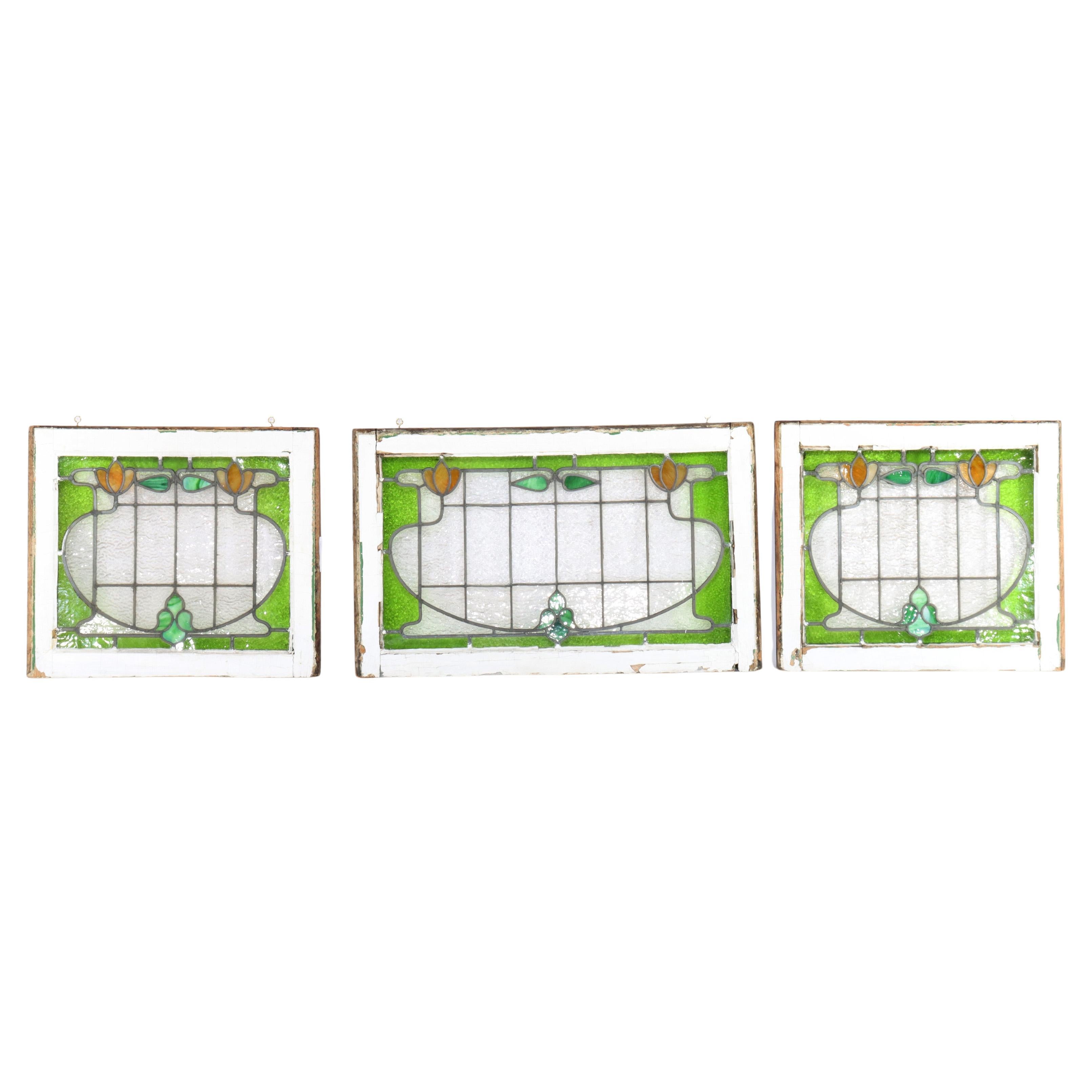 Set of Three Antique Stylized Arts & Crafts Stained Glass Windows C1910