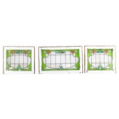 Set of Three Antique Stylized Arts & Crafts Stained Glass Windows C1910