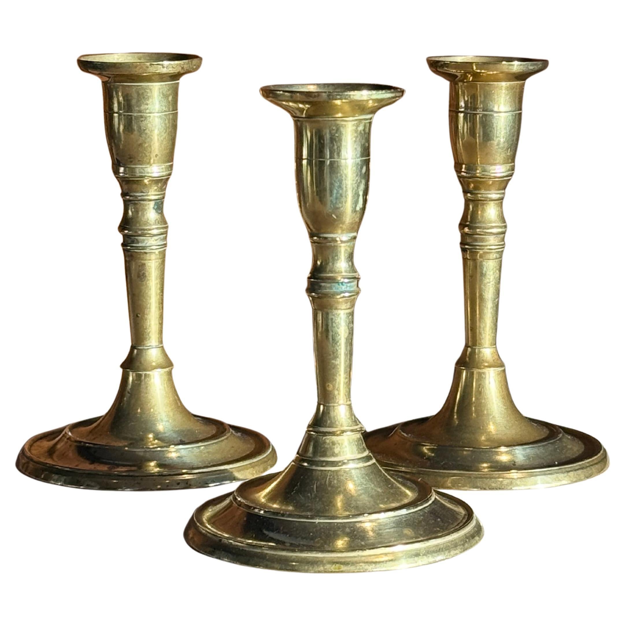 Set of Three Antique Swedish Brass Candlesticks,  1866 For Sale