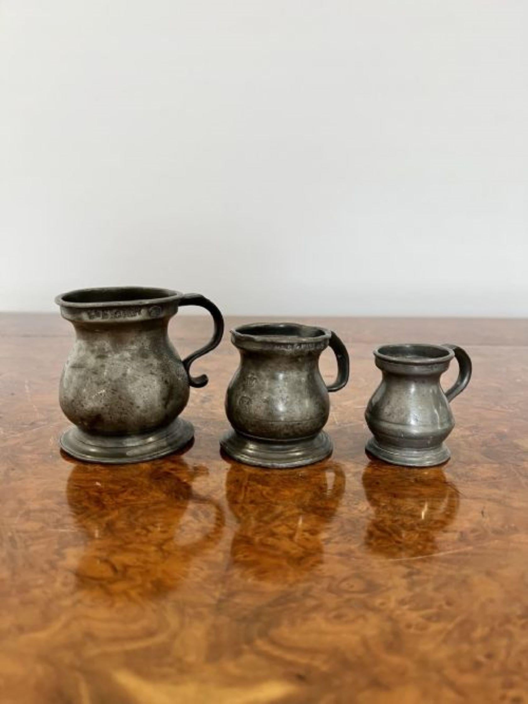 19th Century Set of three antique Victorian pewter measures marked VR For Sale
