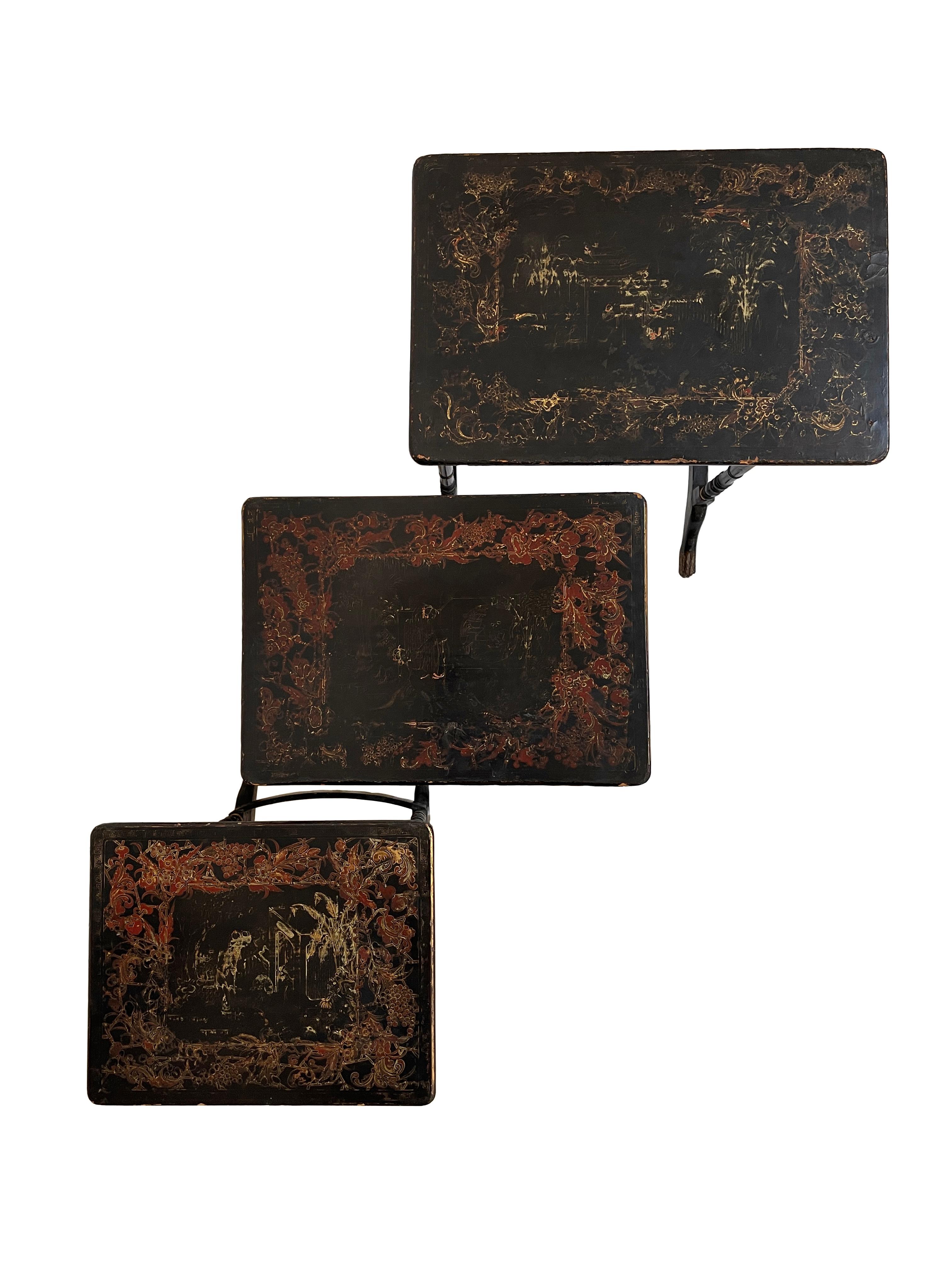 Set of Three Antique Victorian Vintage Chinoiserie Ebonised Nest of Side Tables In Fair Condition For Sale In Sale, GB