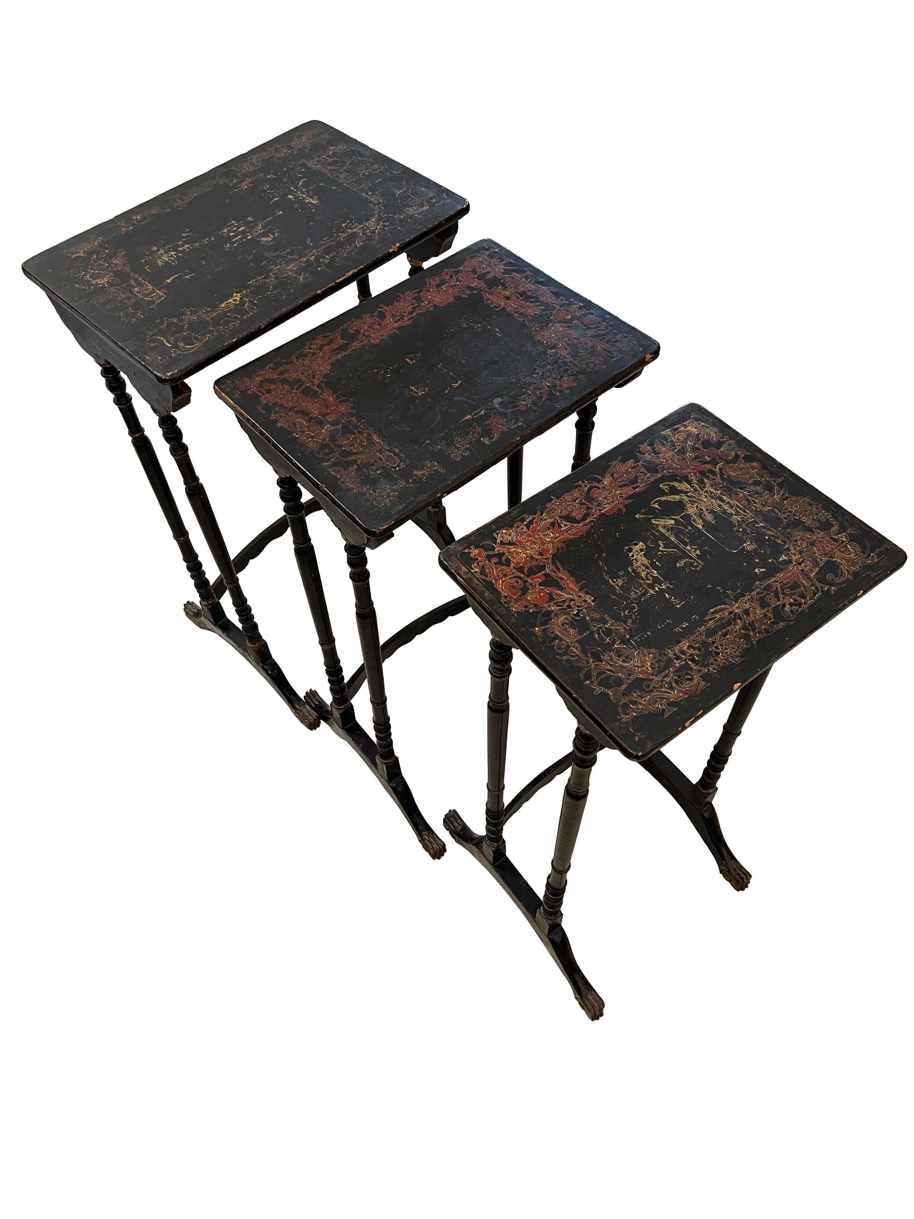 Late 19th Century Set of Three Antique Victorian Vintage Chinoiserie Ebonised Nest of Side Tables For Sale