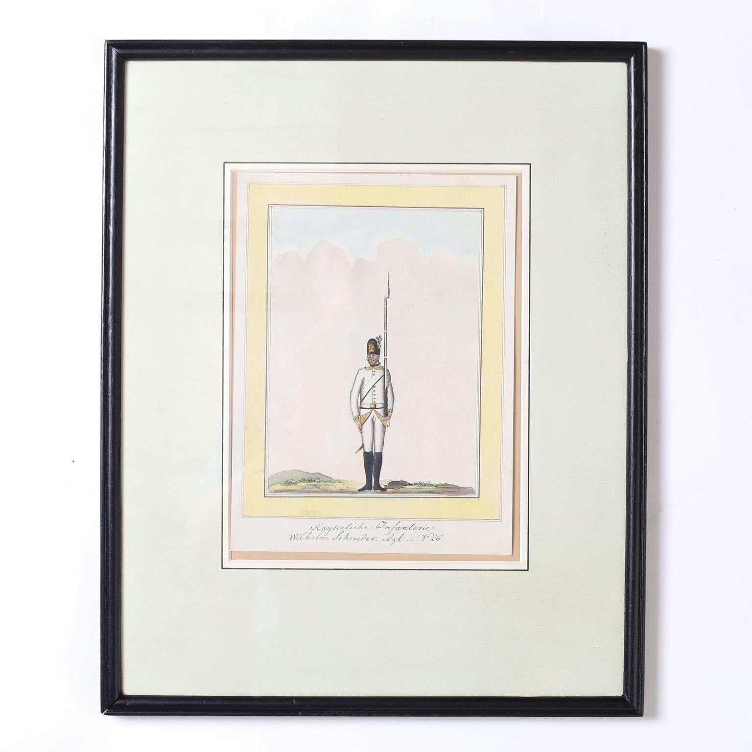 Antique set of three early 19th century watercolors of Austrian military uniforms depicted in a stark landscape in a matter of fact technique with hand drawn mats. Presented in wood frames under glass.