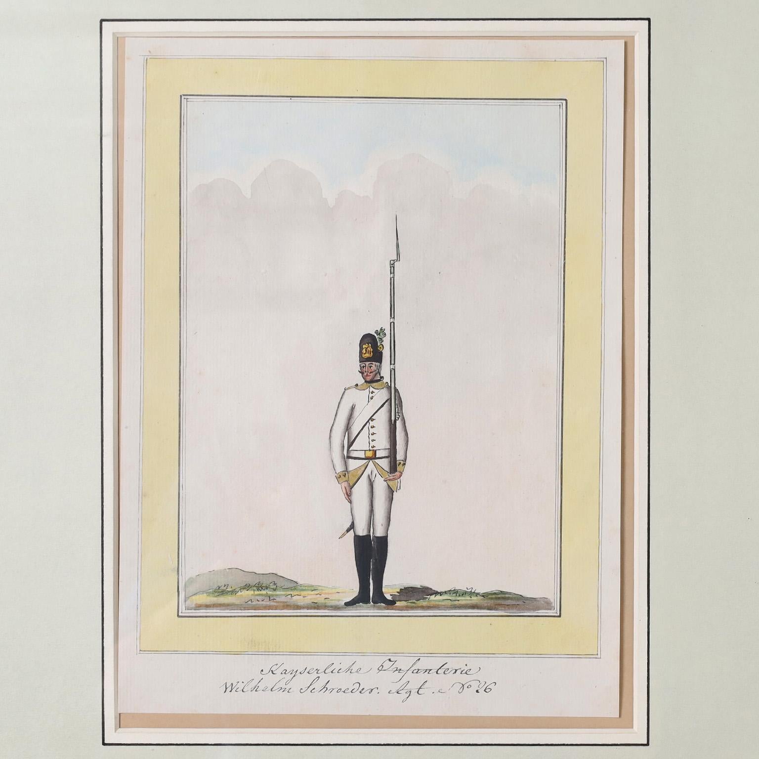 Regency Ensemble de trois aquarelles anciennes d'uniformes militaires autrichiennes en vente