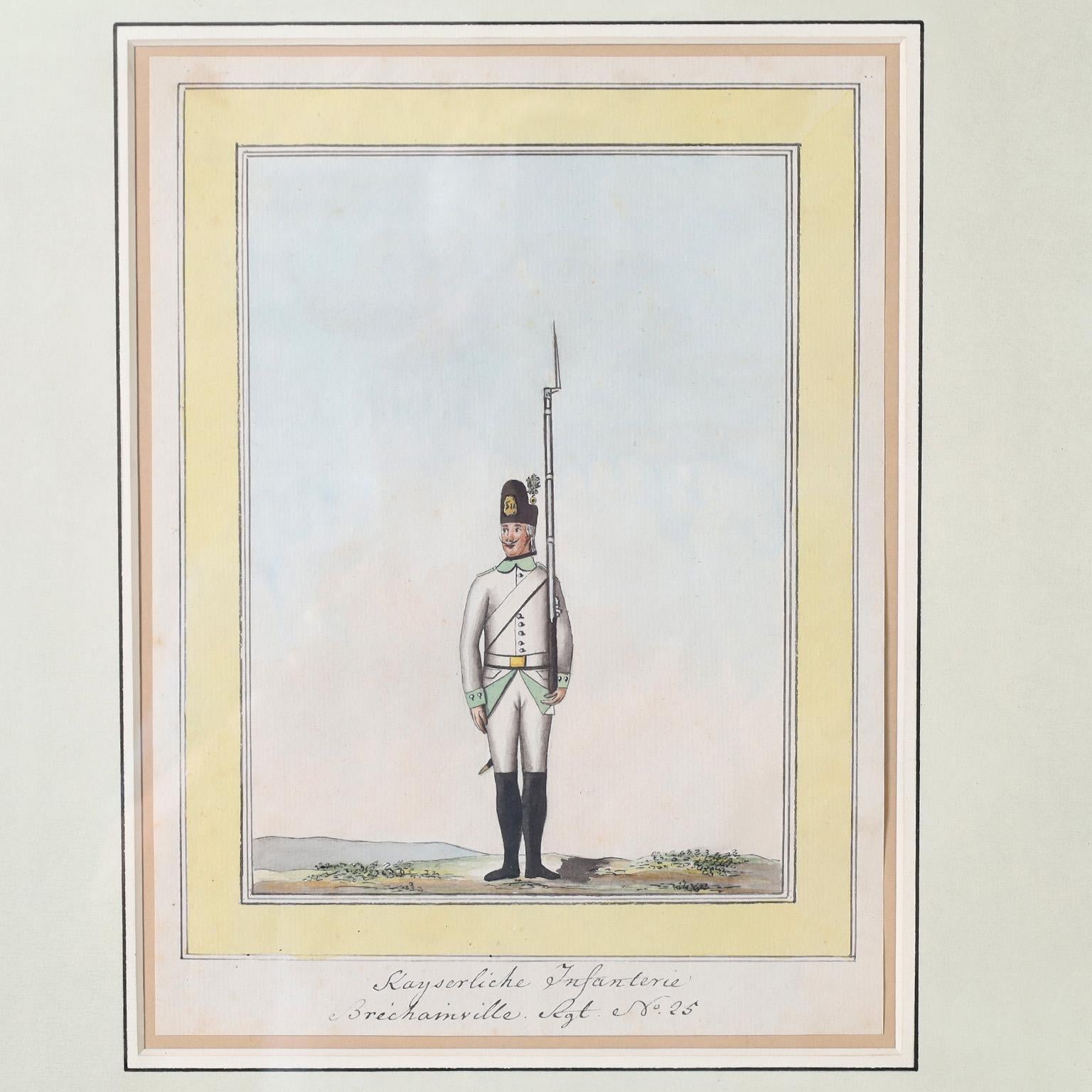 Regency Set of Three Antique Watercolors of Austrian Military Uniforms For Sale